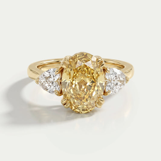 Fancy Vivid Yellow Oval Cut Hidden Halo Three Stone Ring