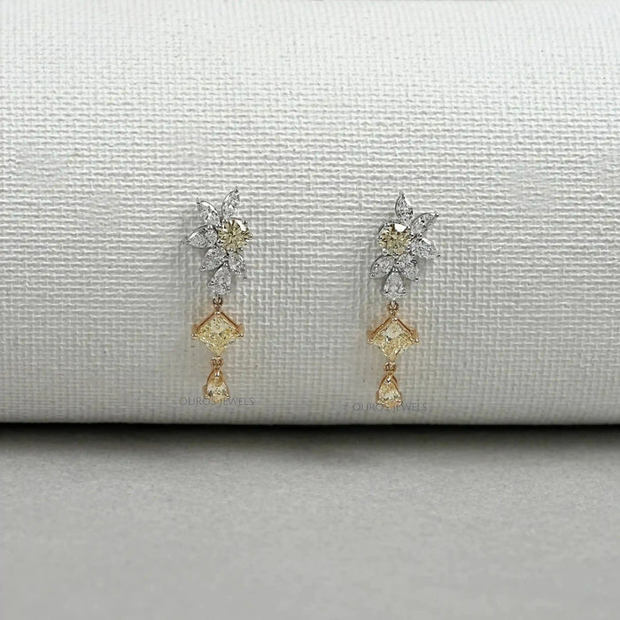 Boucles d'oreilles pendantes florales en diamant jaune et blanc