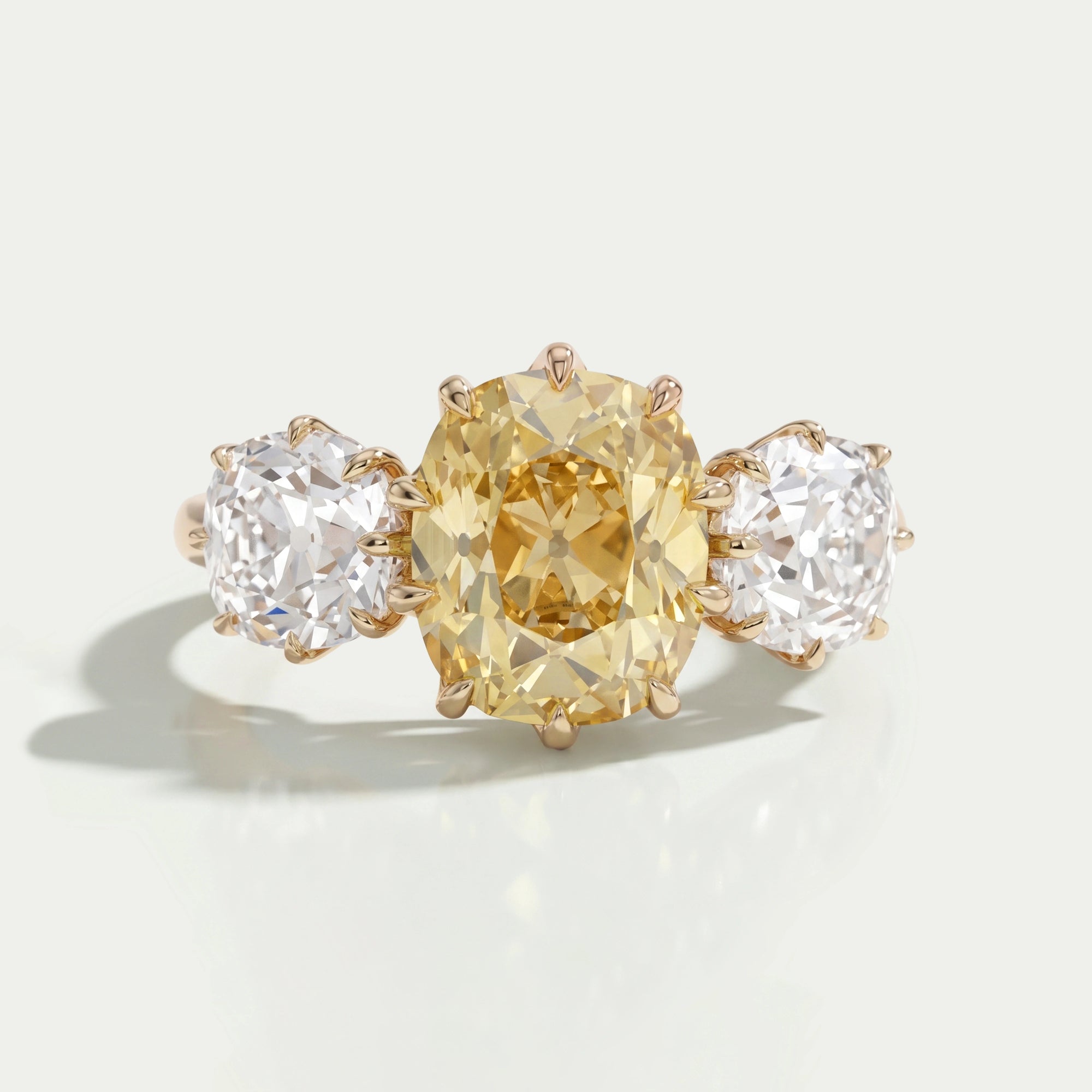 Fancy Yellow Old Mine Cushion Diamond Three Stone Ring