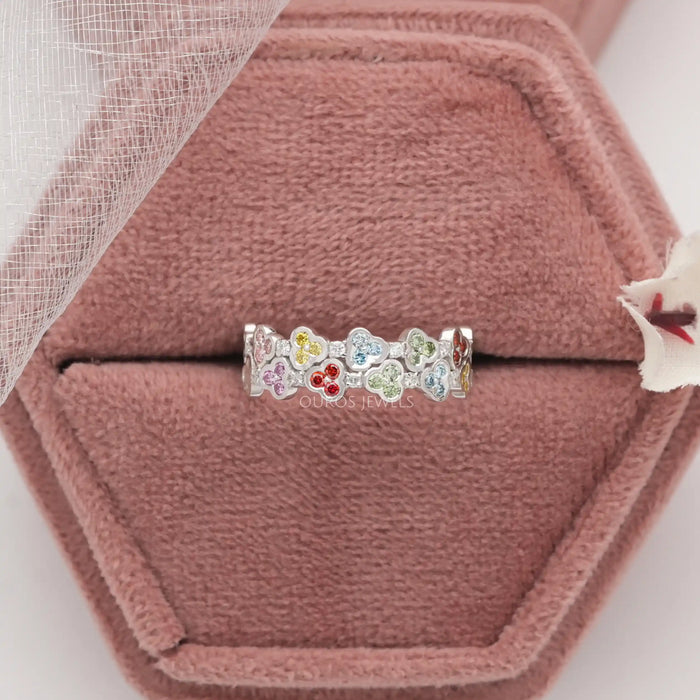 rainbow color round cut lab-grown diamond colored wedding band in jewelry box