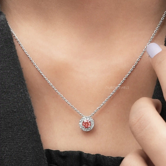 Pink Round Cut Diamond Halo Pendant