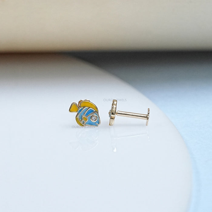 Round Cut Diamond Enamel Fish Earrings For Kids