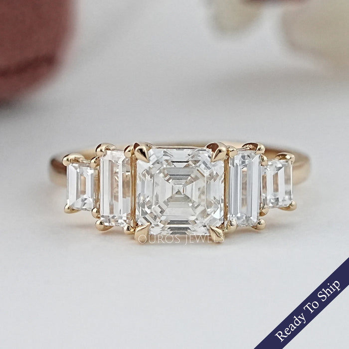 front view of asscher and baguette cut lab diamond five stone engagement ring