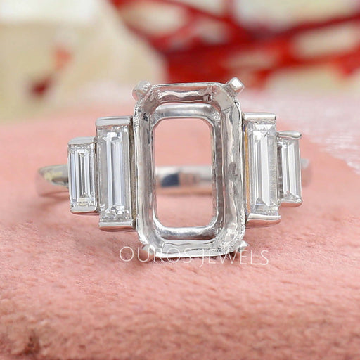 front view of emerald-cut semi-mount five-stone wedding ring