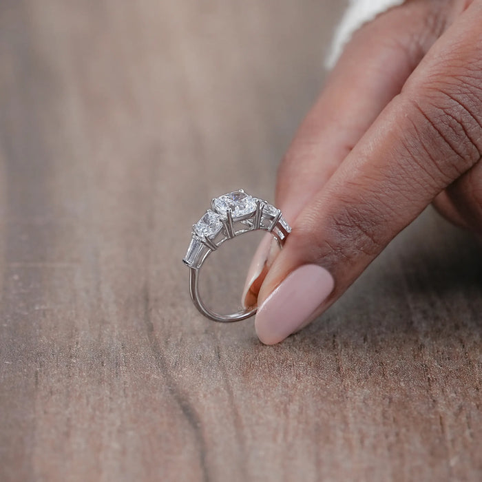 side view of square cushion cut lab diamond five stone engagement ring