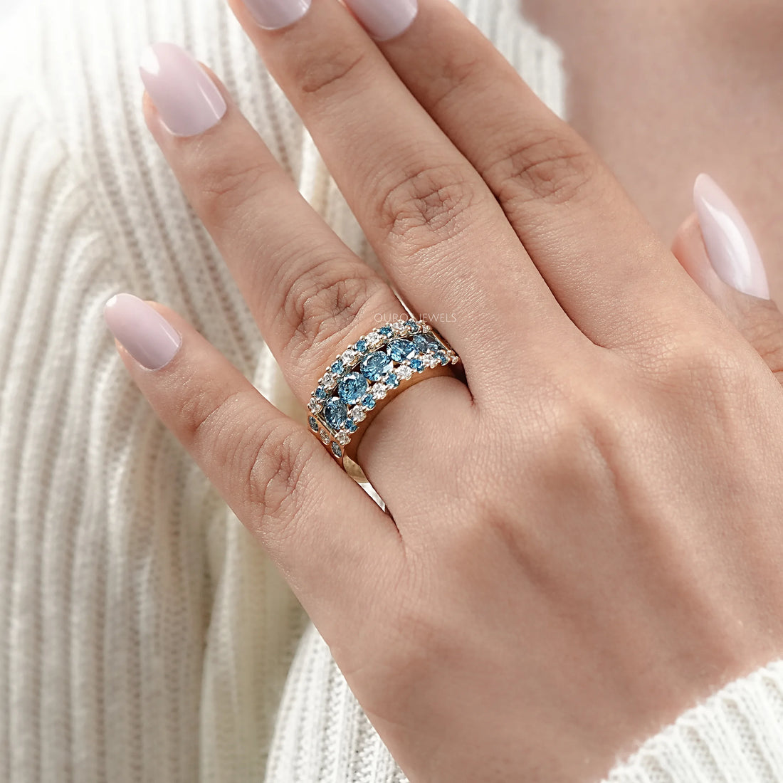 Blue And White Round Cut Lab Diamond Wide Band Rings