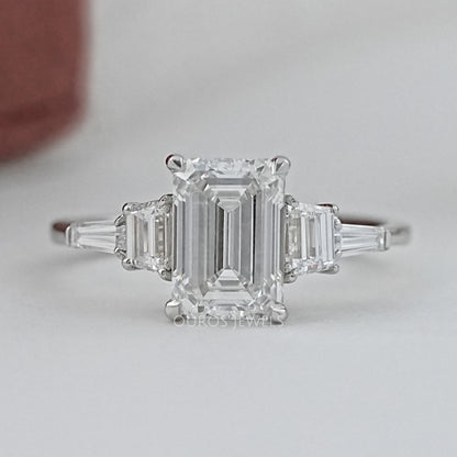 Emerald And Trapezoid Lab Diamond Five Stone Engagement Ring Rings