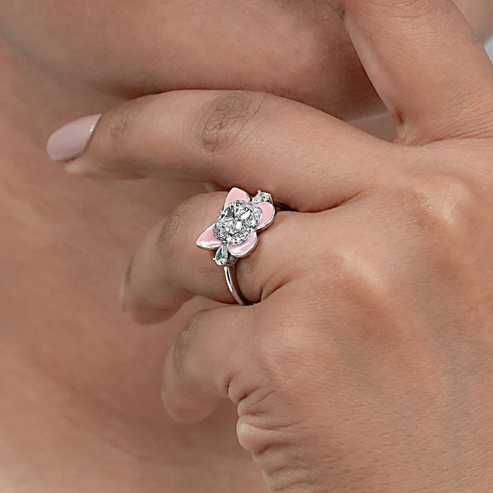 Floral Diamond with Pink Enamel Ring