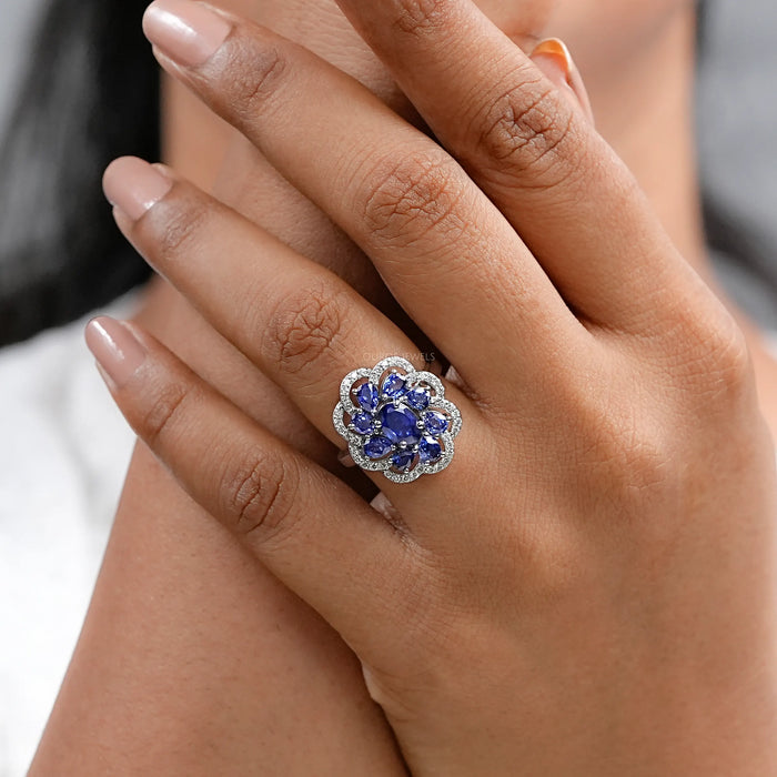 Blue Sapphire and Diamond Floral Halo Ring