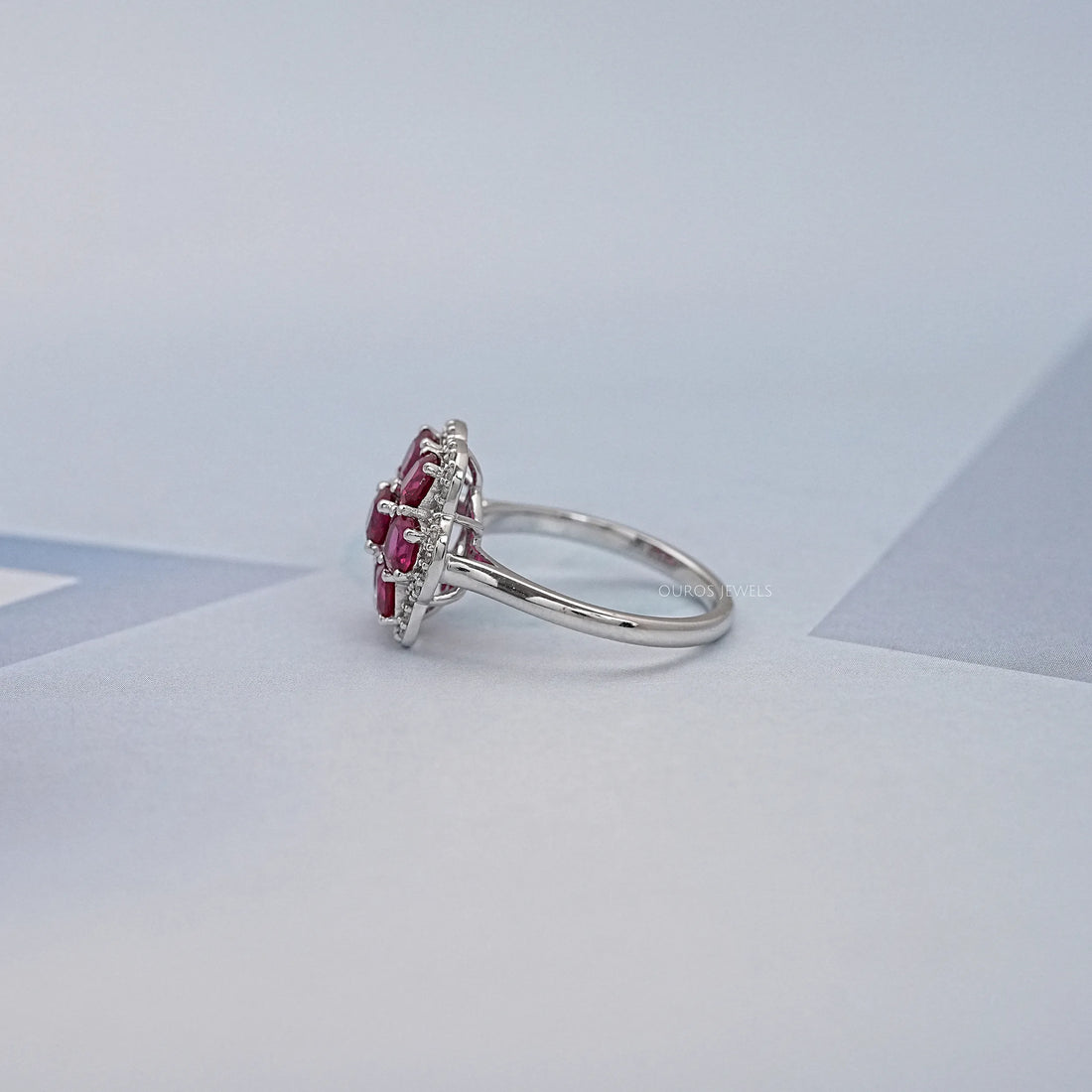 Red Ruby Cushion Shape Floral Halo Engagement Ring Ring