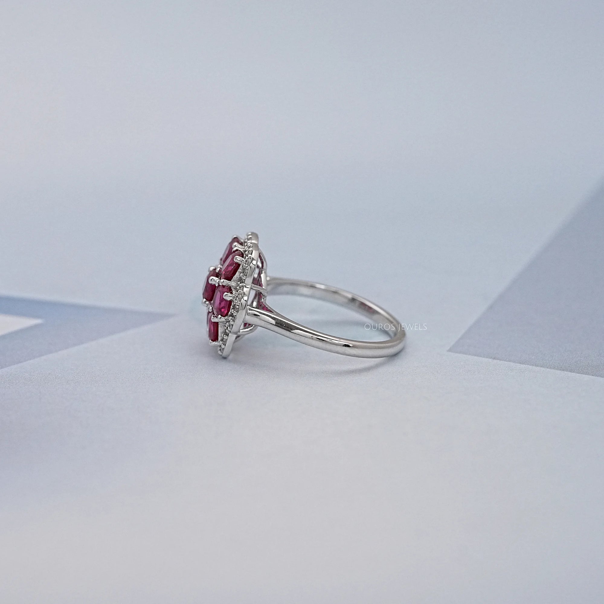 Red Ruby Cushion Shape Floral Halo Engagement Ring Ring