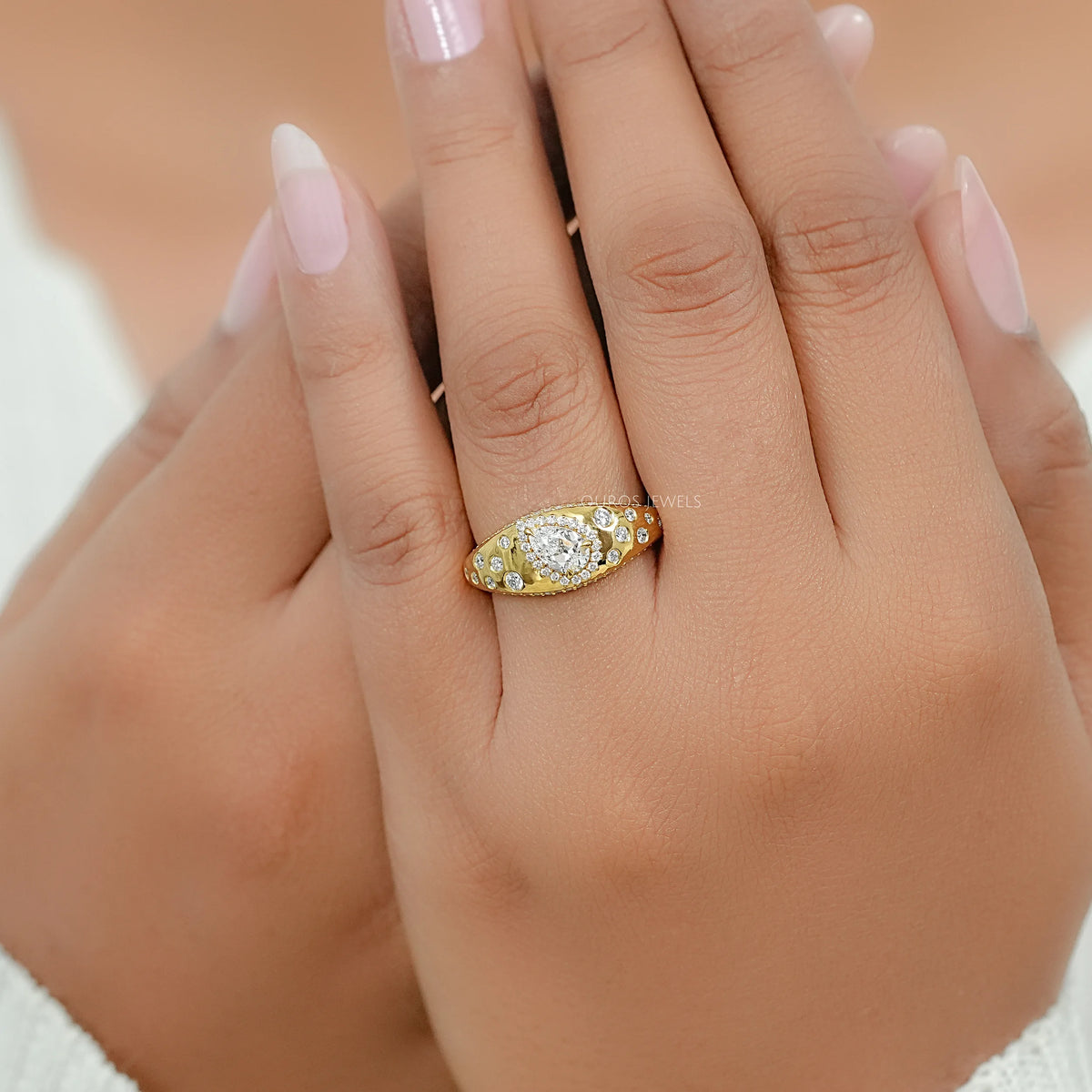 Old Mine Pear Diamond Halo Wide Flush Set Ring Ring
