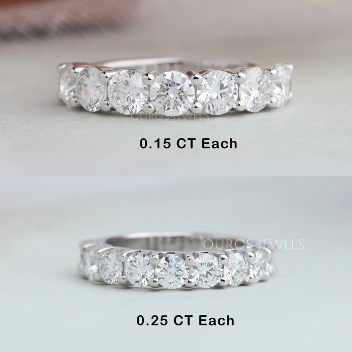 front view of round shaped lab grown diamond half eternity band ring