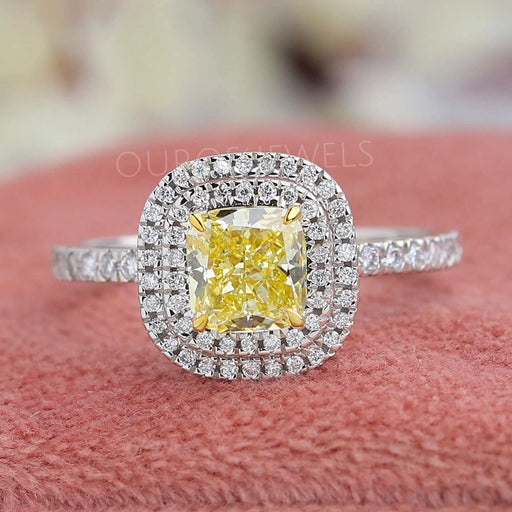 yellow cushion cut diamond double halo solitaire engagement ring's front view