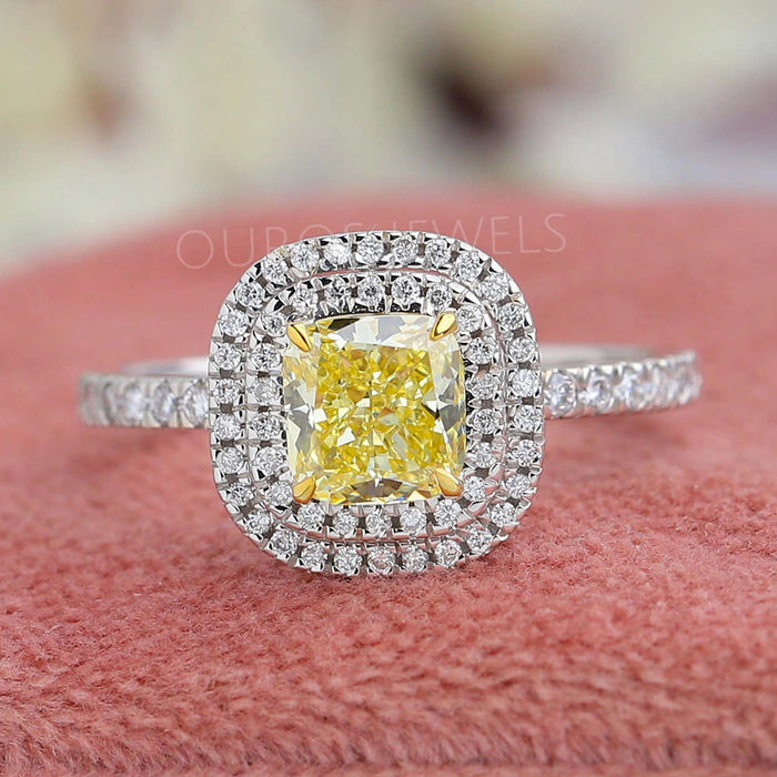 yellow cushion cut diamond double halo solitaire engagement ring's front view