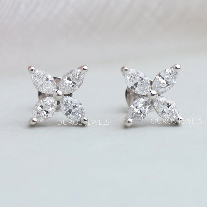 front view flower marquise cut lab grown diamond stud earrings white gold