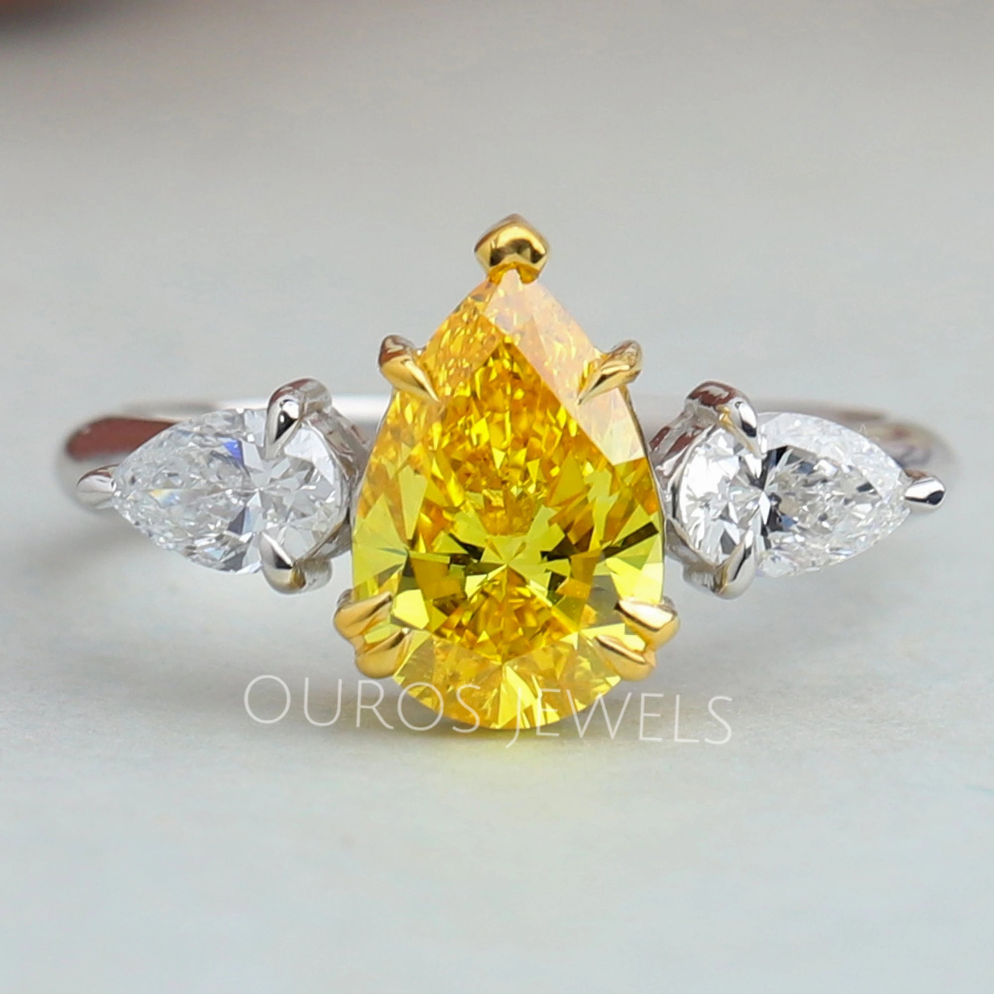 Yellow Pear Cut Lab Three Stone Diamond Ring