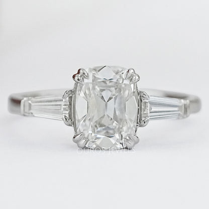 Three Stone Old Mine Cushion Cut Diamond Engagement Ring Ring