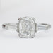 old mine cushion cut diamond double prong three stone wedding ring's front view