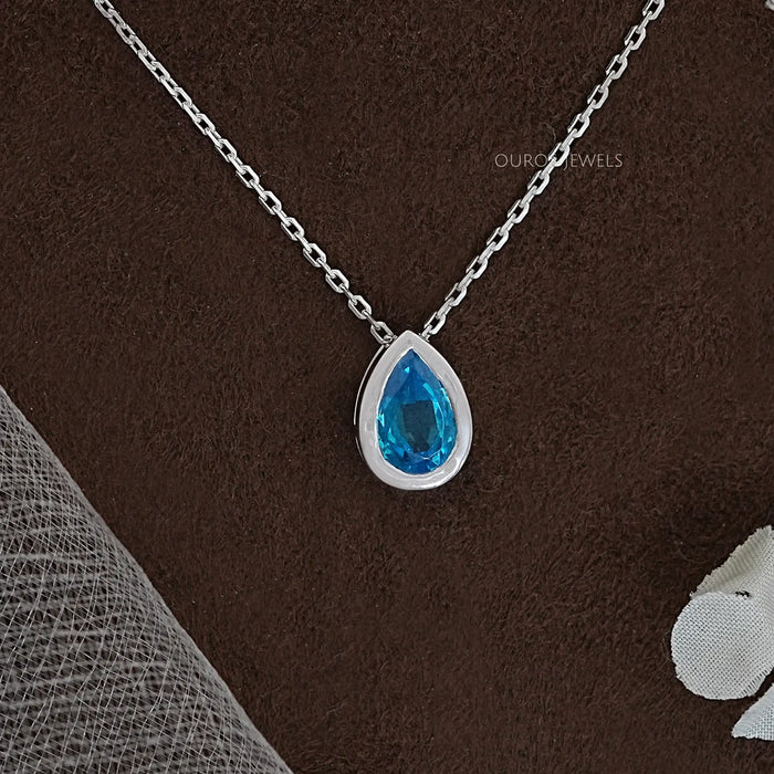 Aqua Blue Pear Gemstone Bezel Set Solitaire Pendant