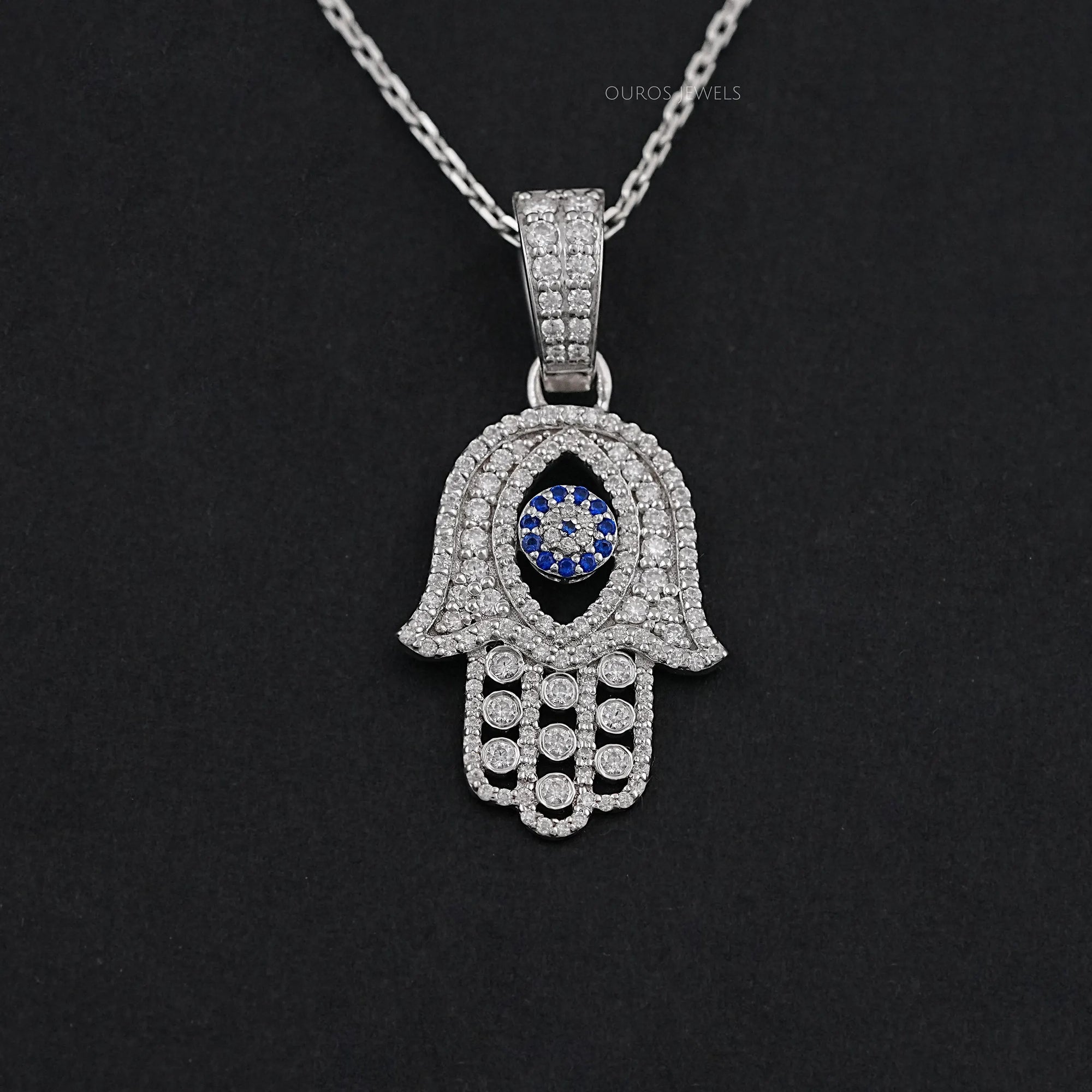 Sapphire And Lab Diamond Round Cut Hamsa Hand Men's Pendant Necklaces