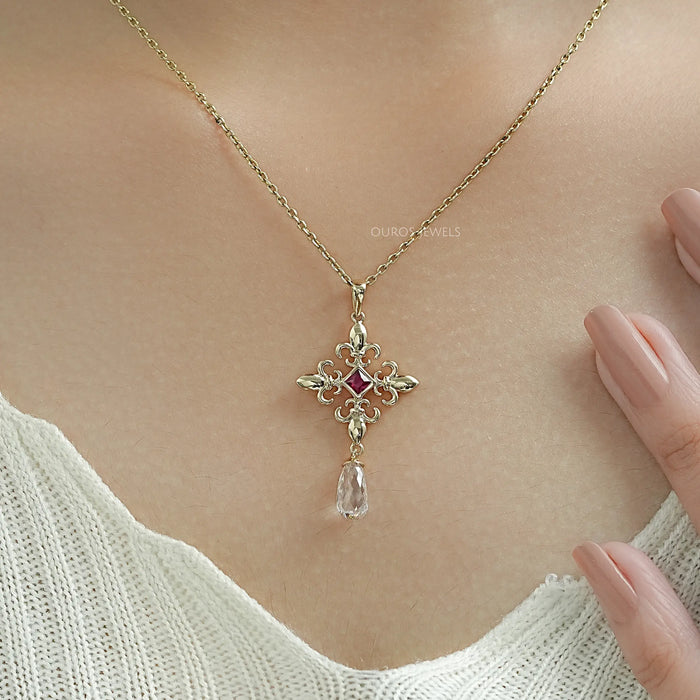 Princess Ruby Gemstone Fleur De Lis Pendant