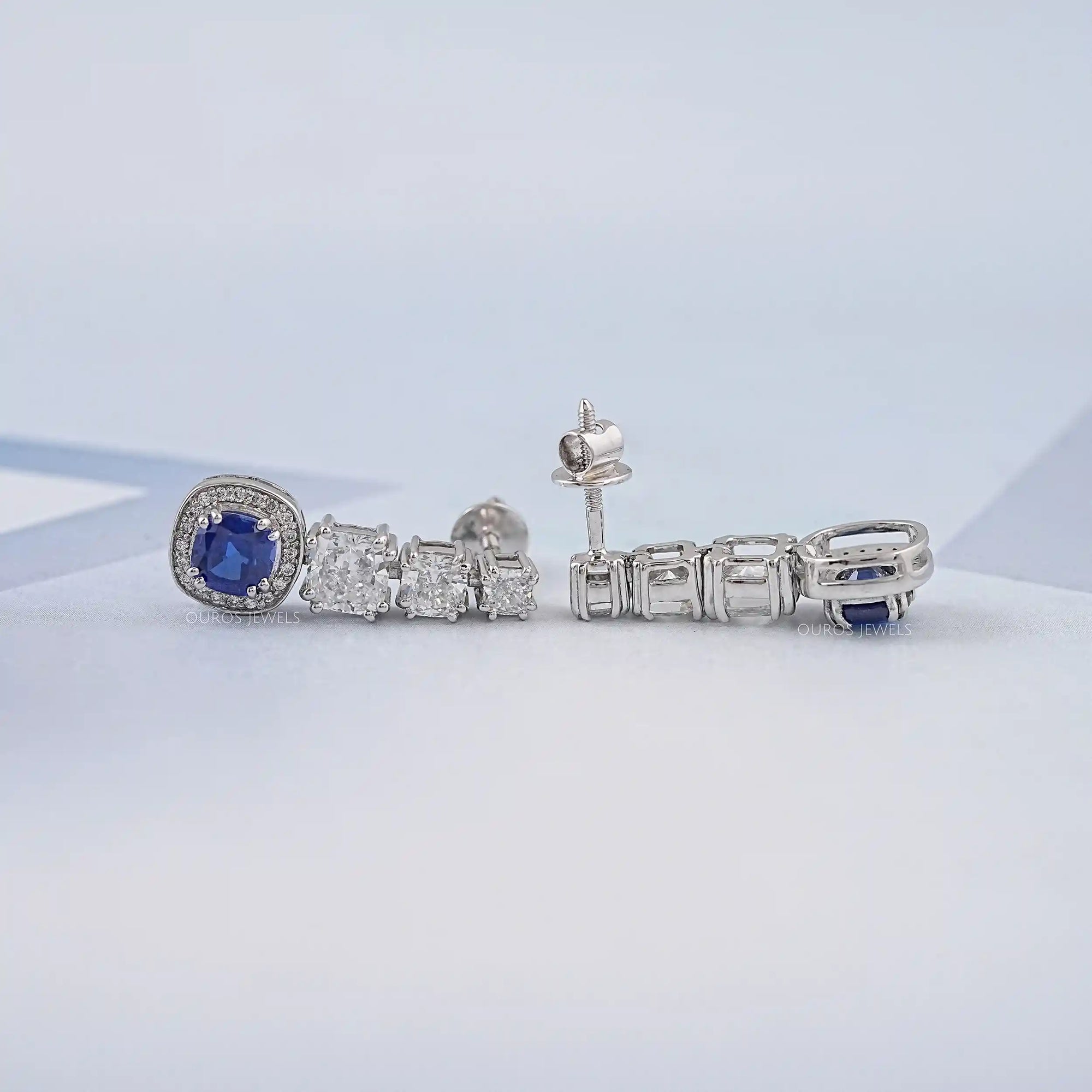 Sapphire Cushion Gemstone And Lab Diamond Dangle Earrings