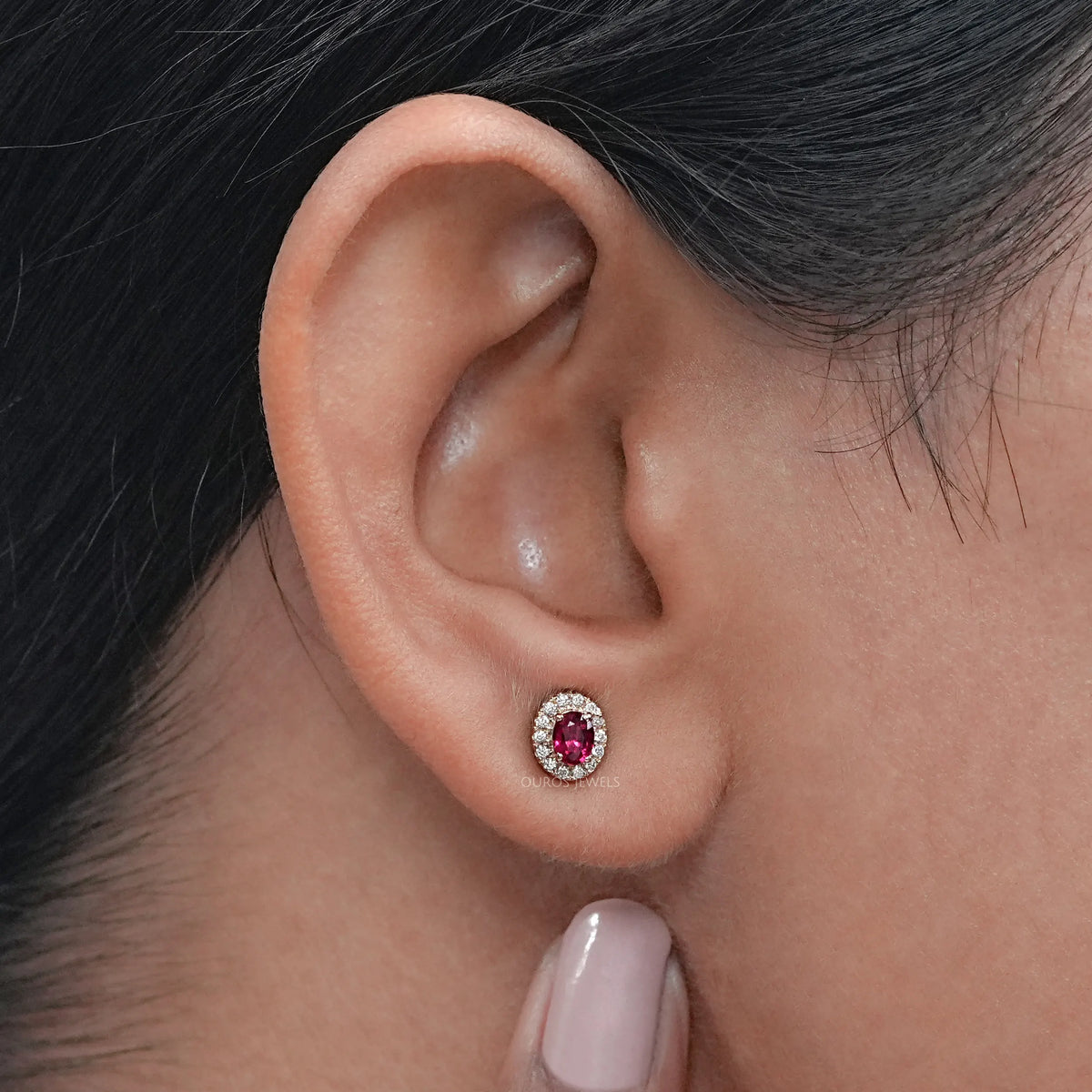 Ruby Oval Gemstone Halo Set Stud Earring Earring