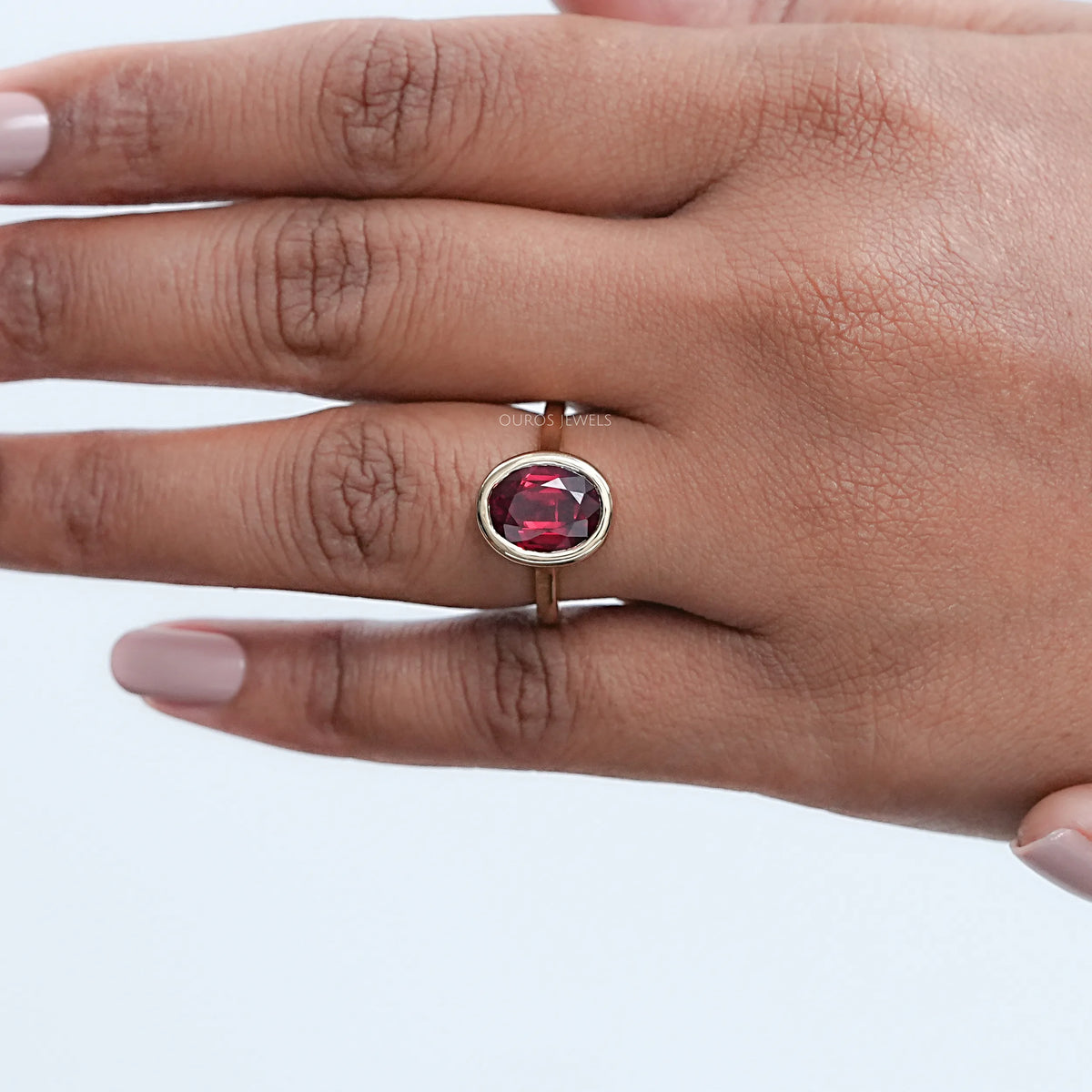 Oval Cut Ruby Lab Gemstone Bezel Set Solitaire Ring Rings