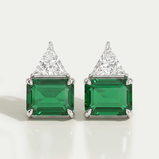 Emerald Green Gemstone and Triangle Diamond Stud Earrings Earring