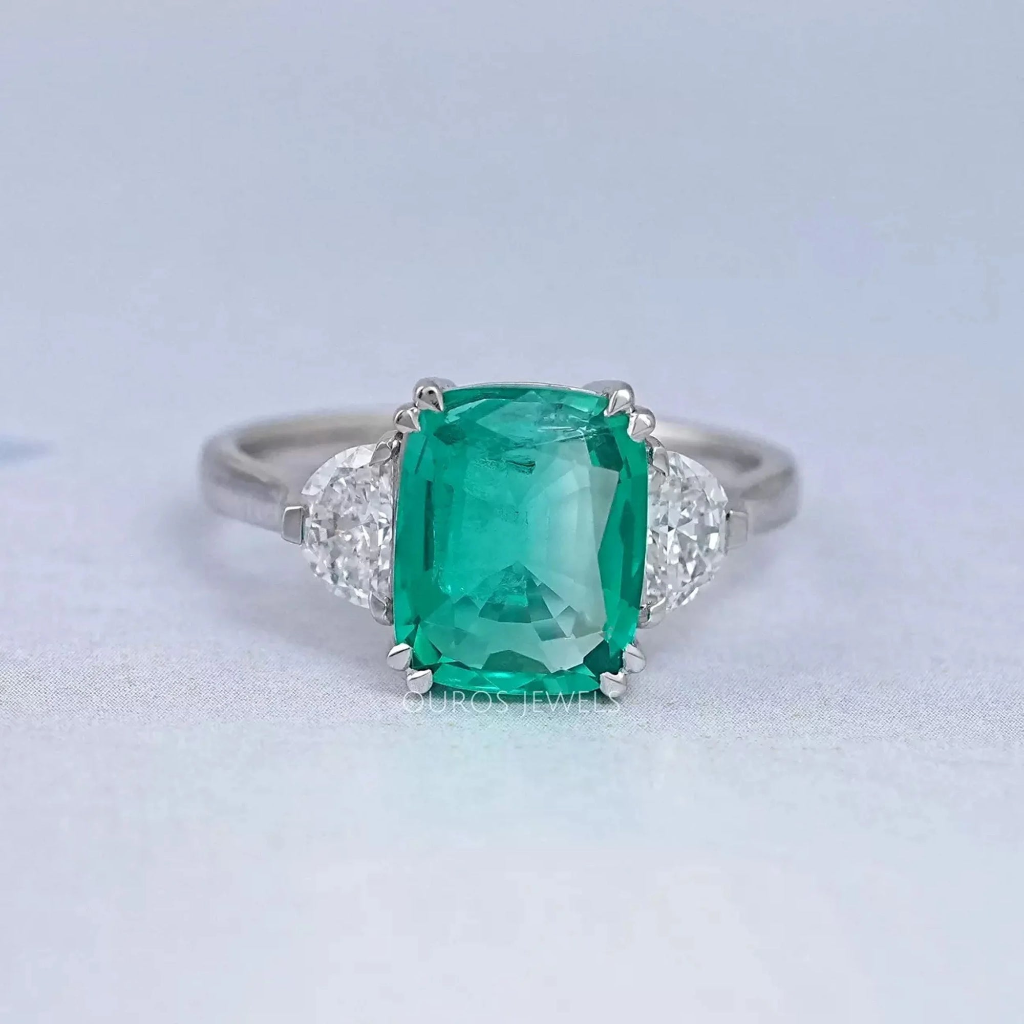 Green Cushion And Half Moon Trio Engagement Ring Rings