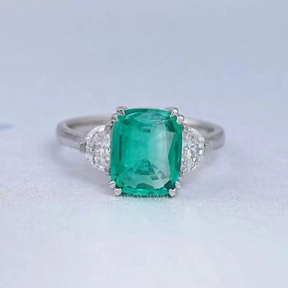 Green Cushion And Half Moon Trio Engagement Ring Rings