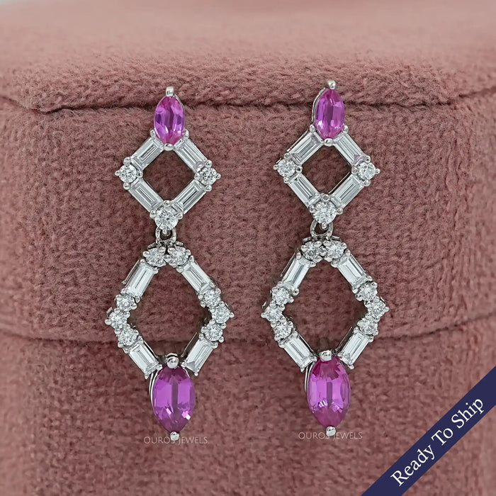 Pink Marquise Gemstone And Diamond Drop Earrings