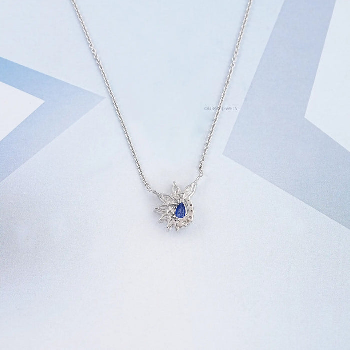 Blue Sapphire And Diamond Floral Cluster Pendant Necklace