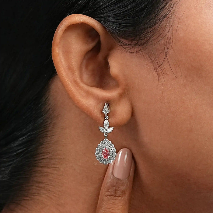 Pink Pear Shape Double Halo Drop Earrings