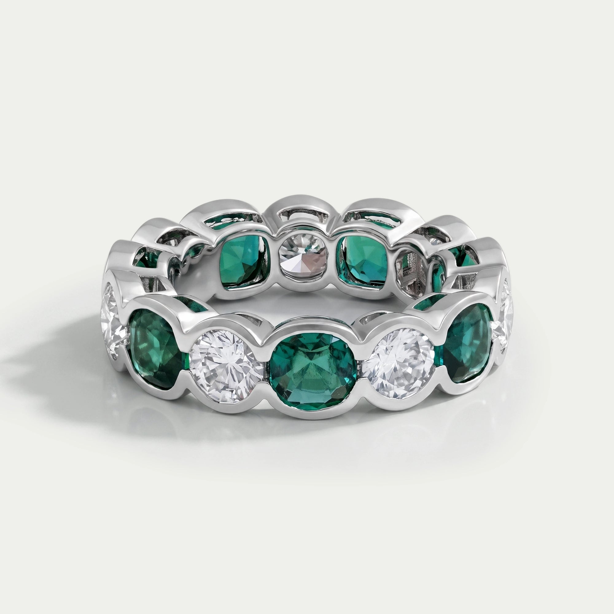 Green Zambian Cushion Half Bezel Wedding Band Ring