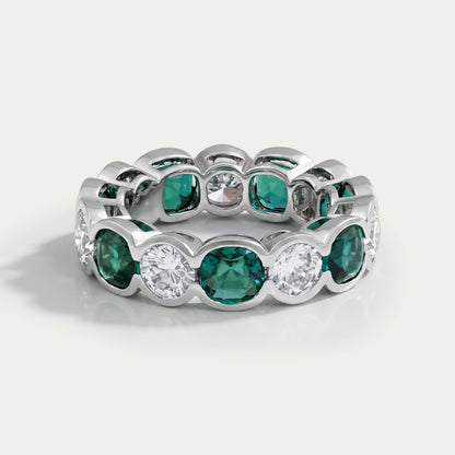 Green Zambian Cushion Half Bezel Wedding Band Ring