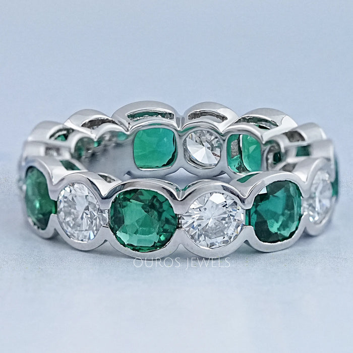 Green Zambian Cushion Half Bezel Wedding Band
