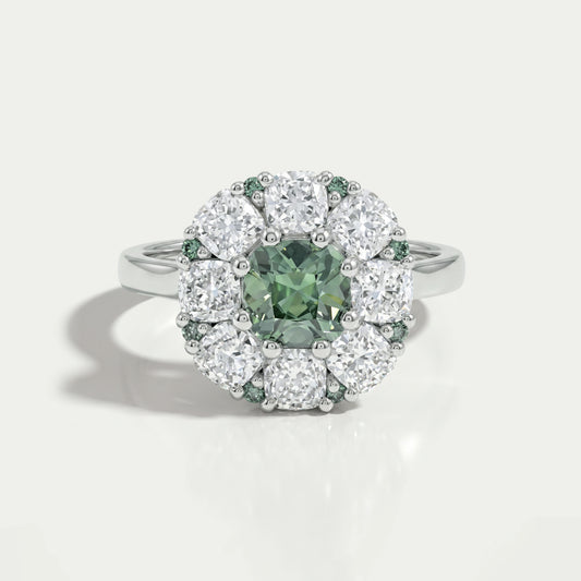 Green Cushion Cut Lab Diamond Halo Engagement Ring