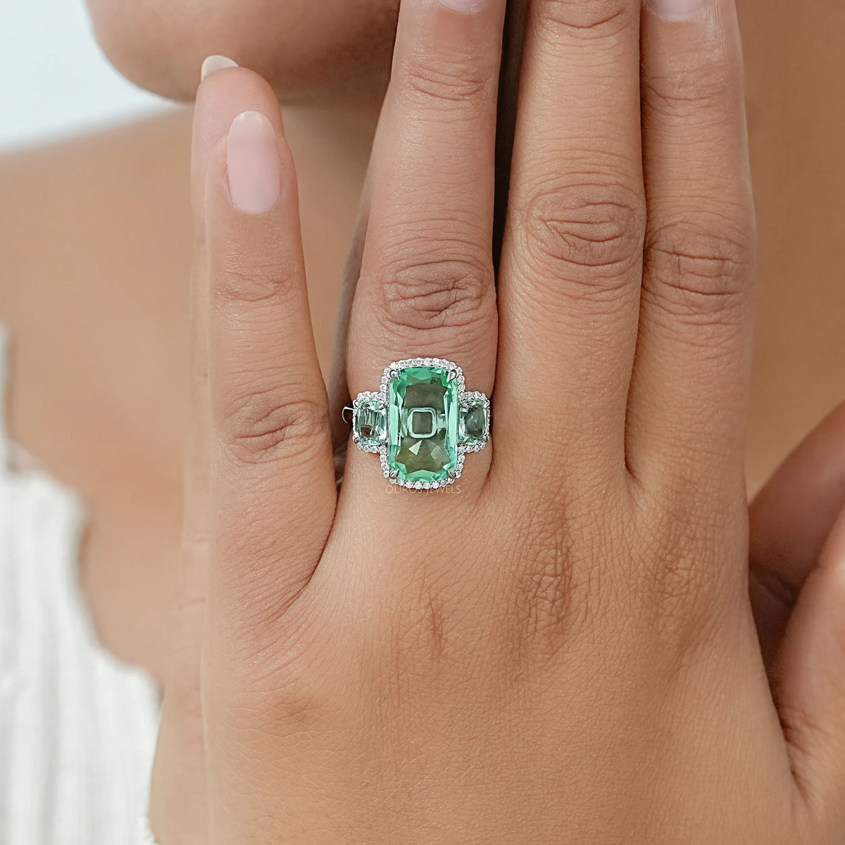 Trilogy Mint Green Cushion Gemstone Halo Ring Ring