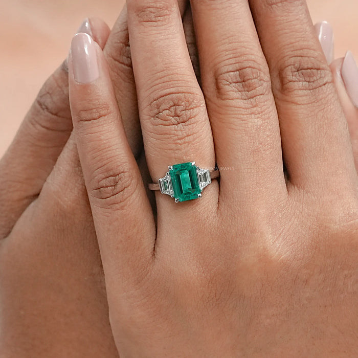 Green Emerald Cut With Trapezoid Diamond Ring