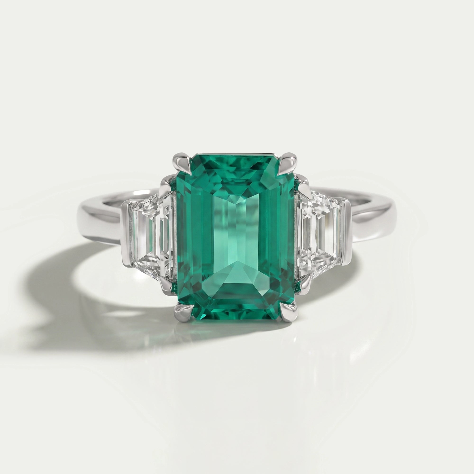 Green Emerald Cut With Trapezoid Diamond Ring Ring