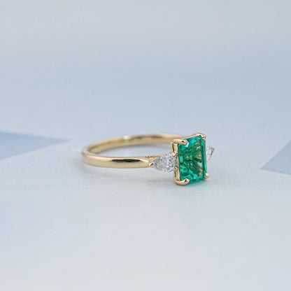 Emerald Gemstone And Pear Diamond Trio Engagement Ring Rings