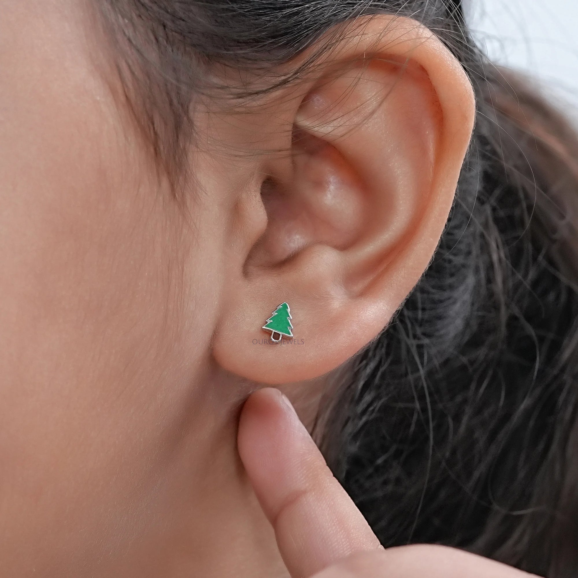 Green Enamel Christmas Tree Earrings For Kids