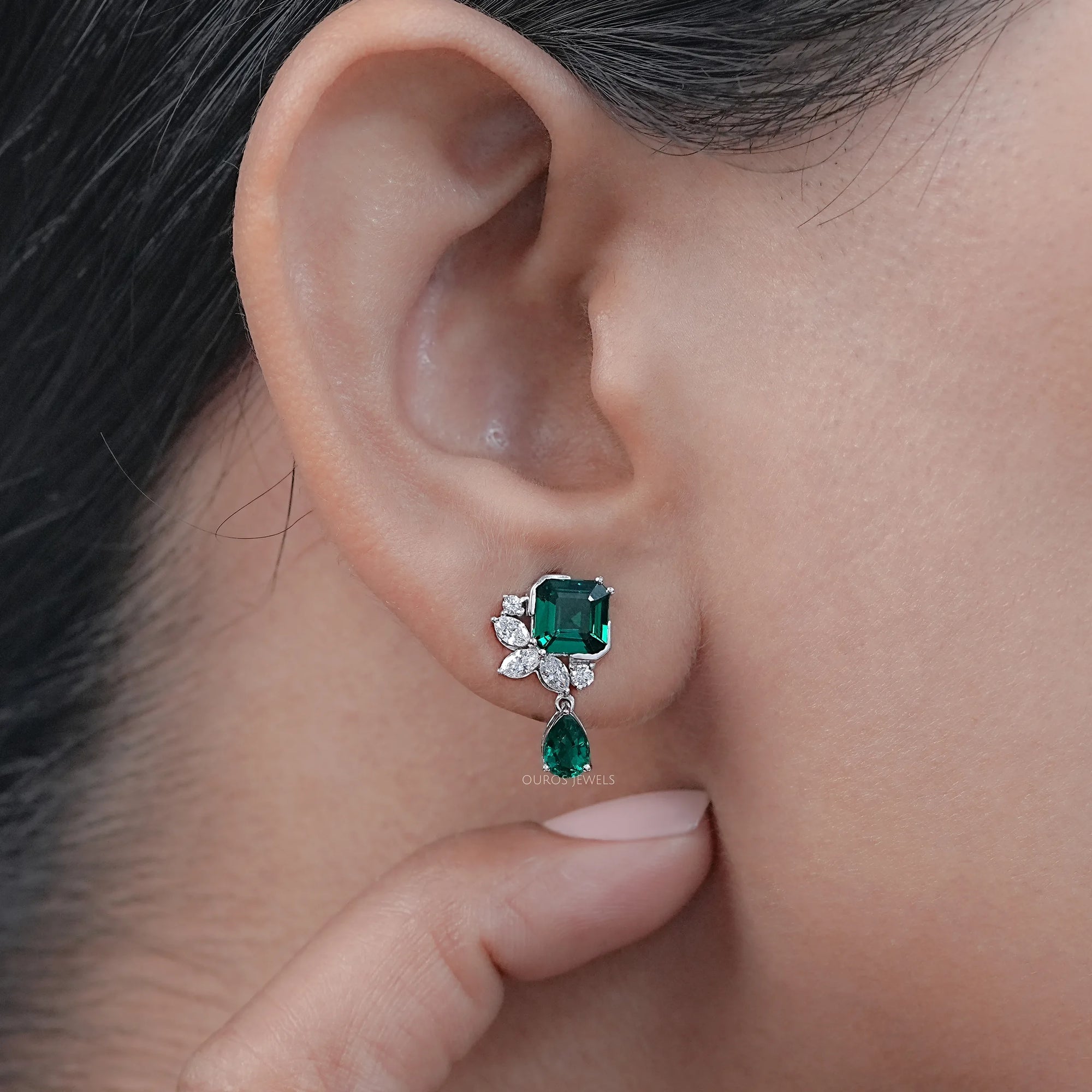 Green Asscher Gemstone And Marquise Diamond Drop Earrings
