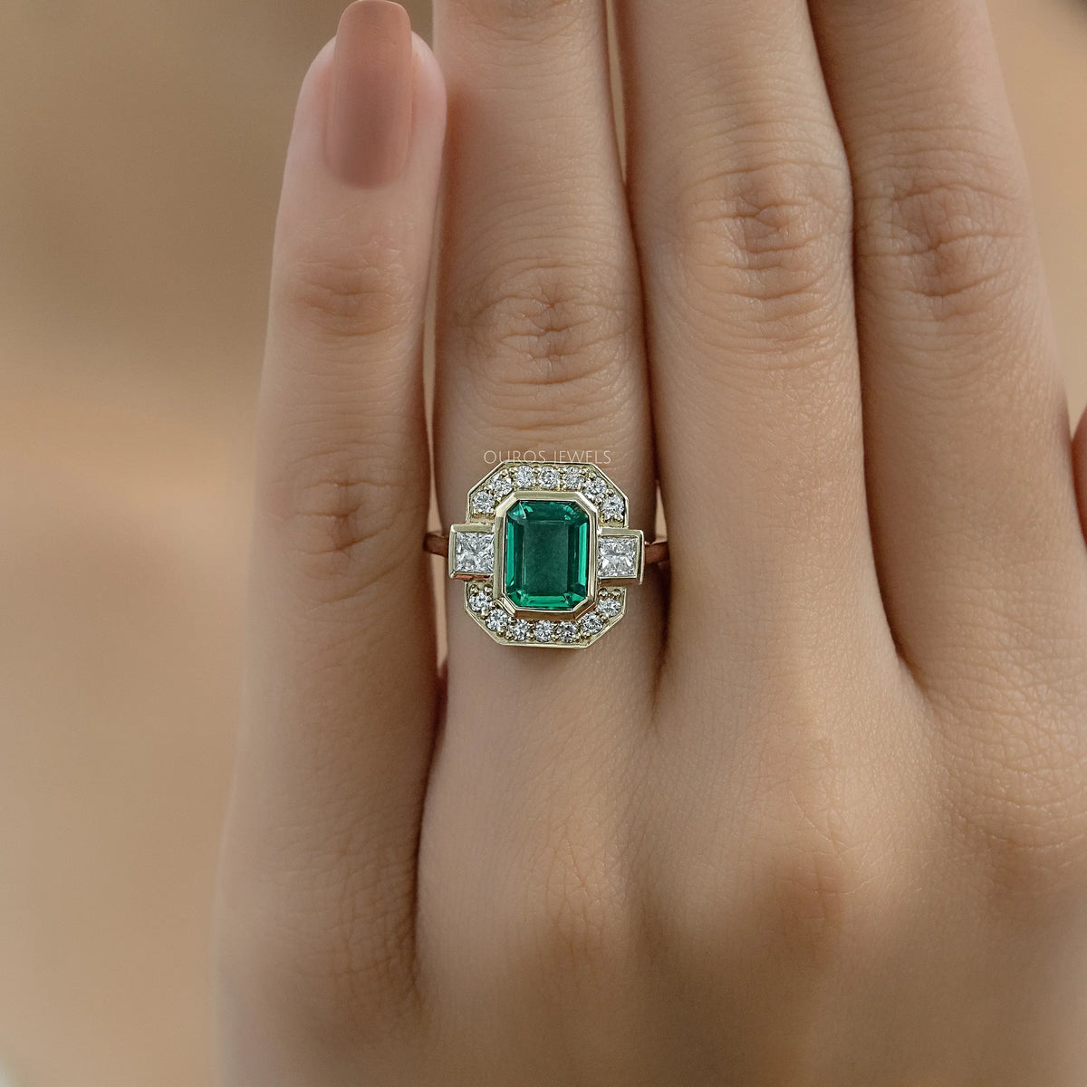Three Stone Emerald Gemstone Halo Ring Ring