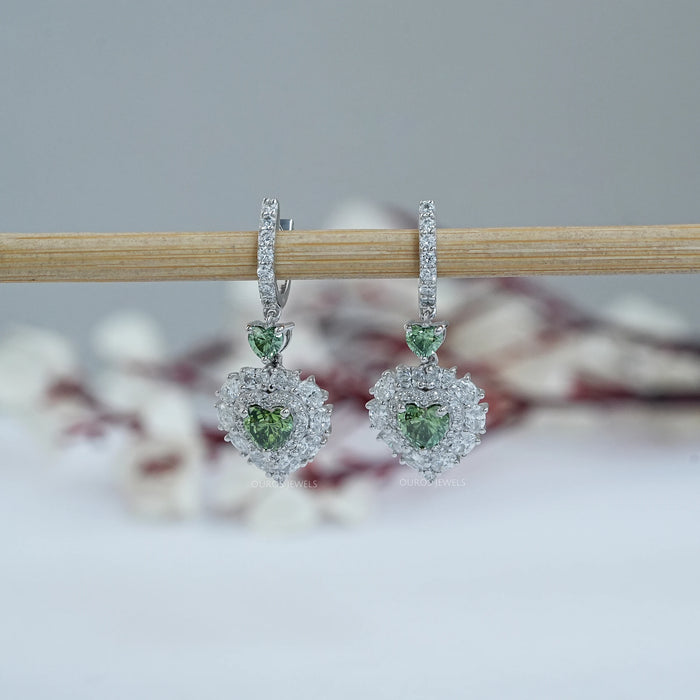 Green Heart Diamond Halo Set Dangle Earring