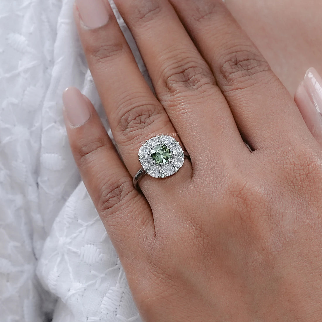 Green Cushion Cut Lab Diamond Halo Engagement Ring Ring