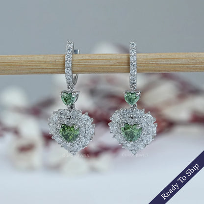 Green Heart Lab Diamond Halo Dangle Earrings Earrings