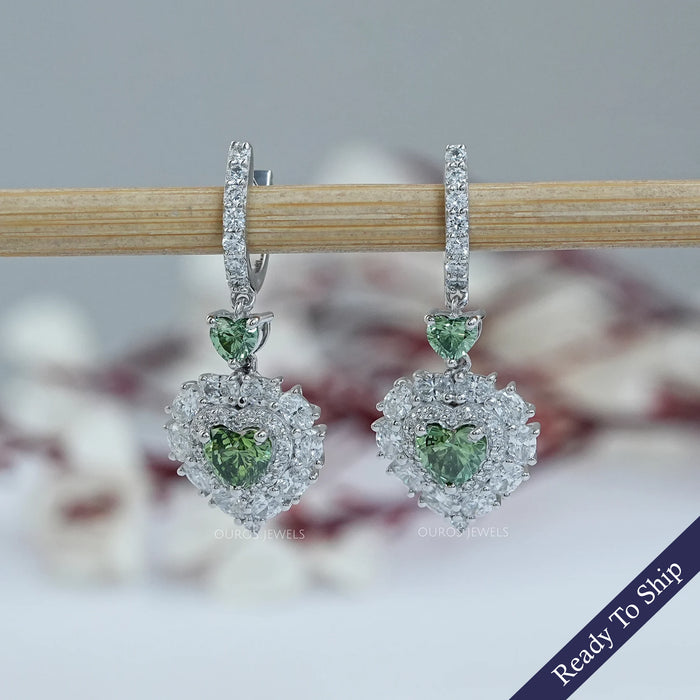 Green Heart Lab Diamond Halo Dangle Earrings